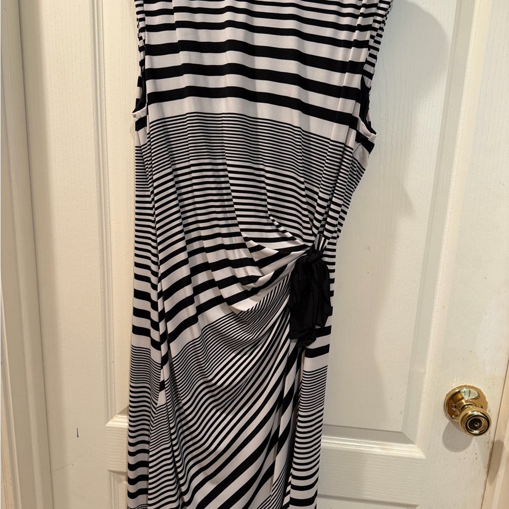 Sleeveless Black & White Striped Midi Dress with Side Knot